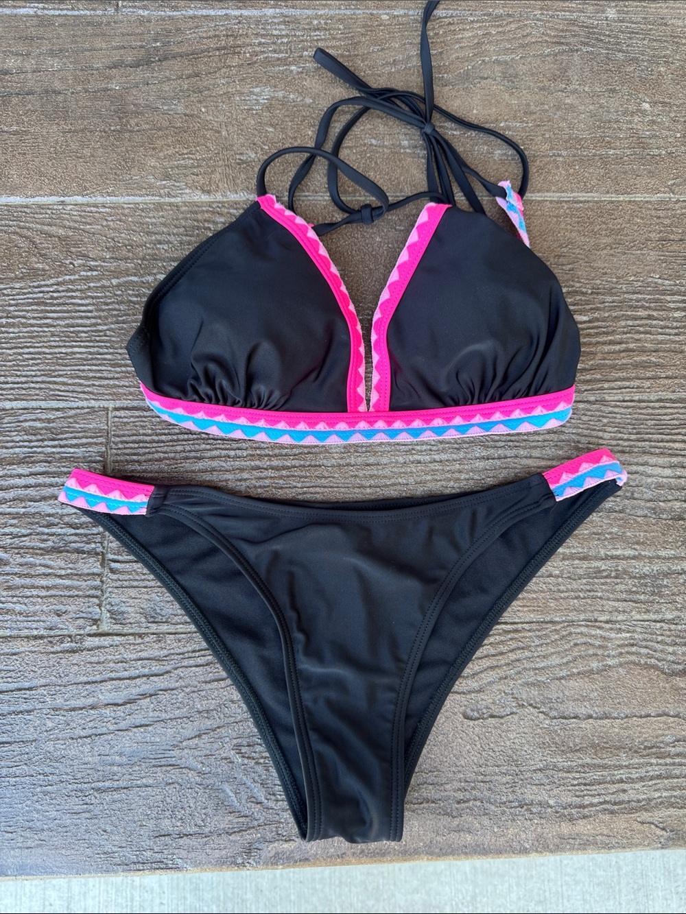 Black Bikini Set with Pink Trim